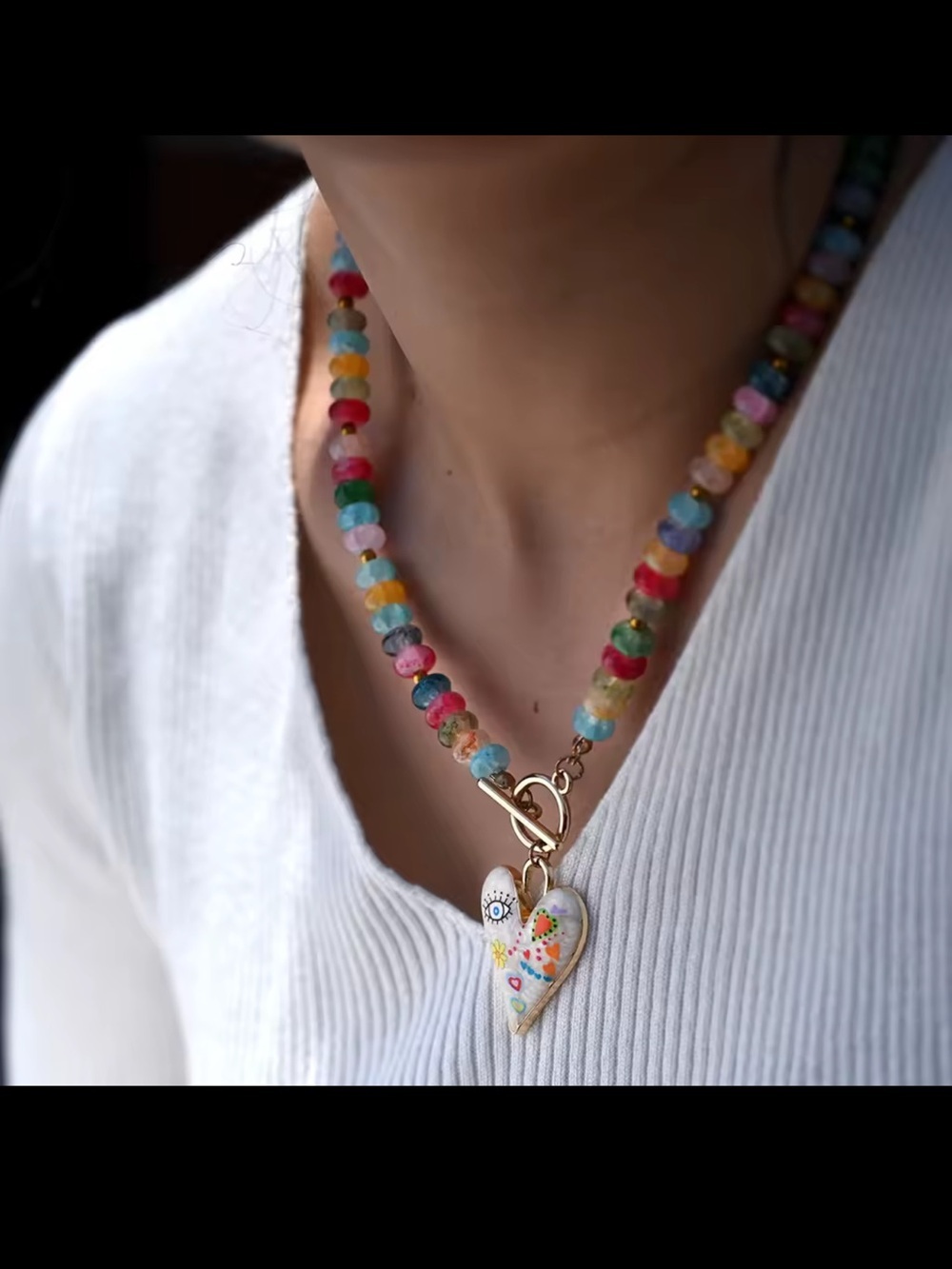 Multicolor Beaded Necklace with Heart Pendant - Picture 13 of 13